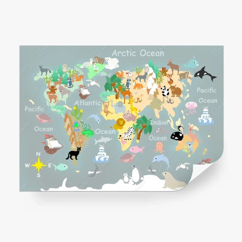 Fotomural mapa del mundo ilustrado con animales
