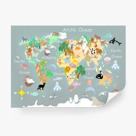 Fotomural mapa del mundo ilustrado con animales – Pixers®
