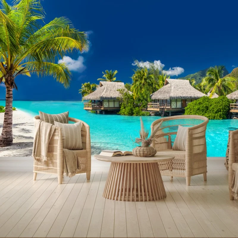 Fotomural paraíso tropical con bungalows sobre el agua