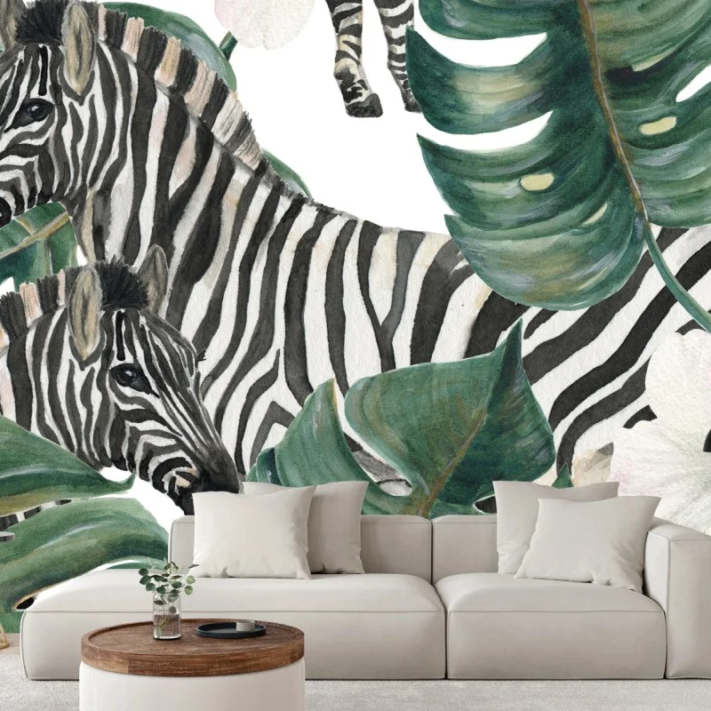 Fotomural estampado selvático de cebras y hojas de monstera