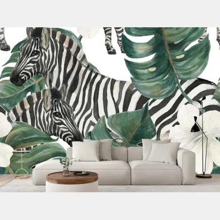 Fotomural estampado selvático de cebras y hojas de monstera – Pixers®