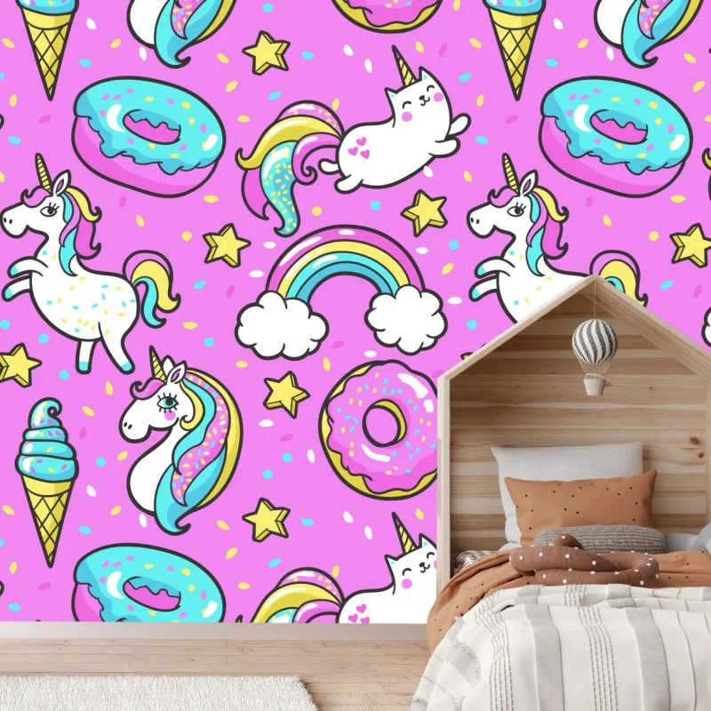 Fotomural patrón mágico de unicornios y dulces