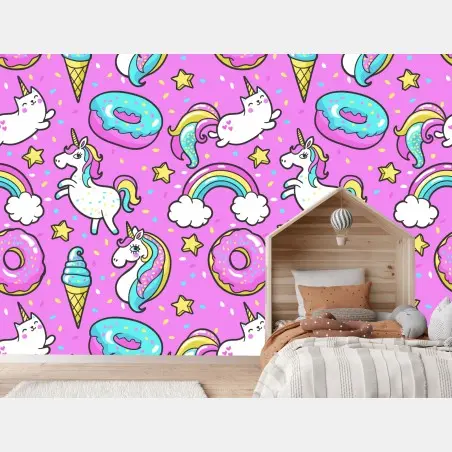 Fotomural patrón mágico de unicornios y dulces – Pixers®