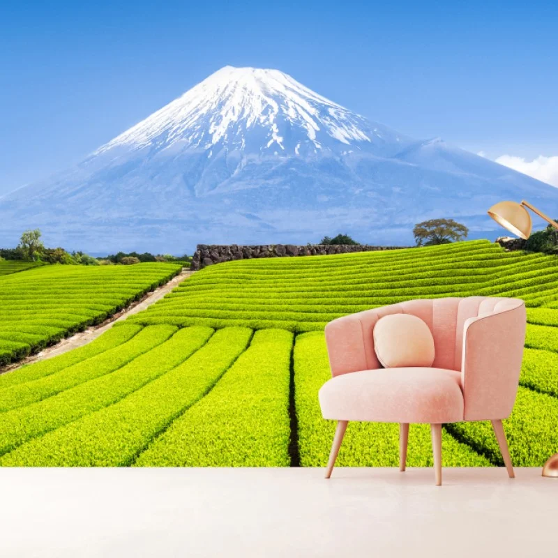 Fotomural paisaje de campos de té con Monte Fuji al fondo
