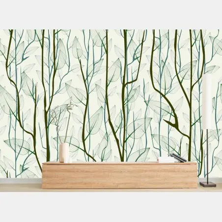 Fotomural bosque minimalista de ramas y hojas en tonos verdes – Pixers®