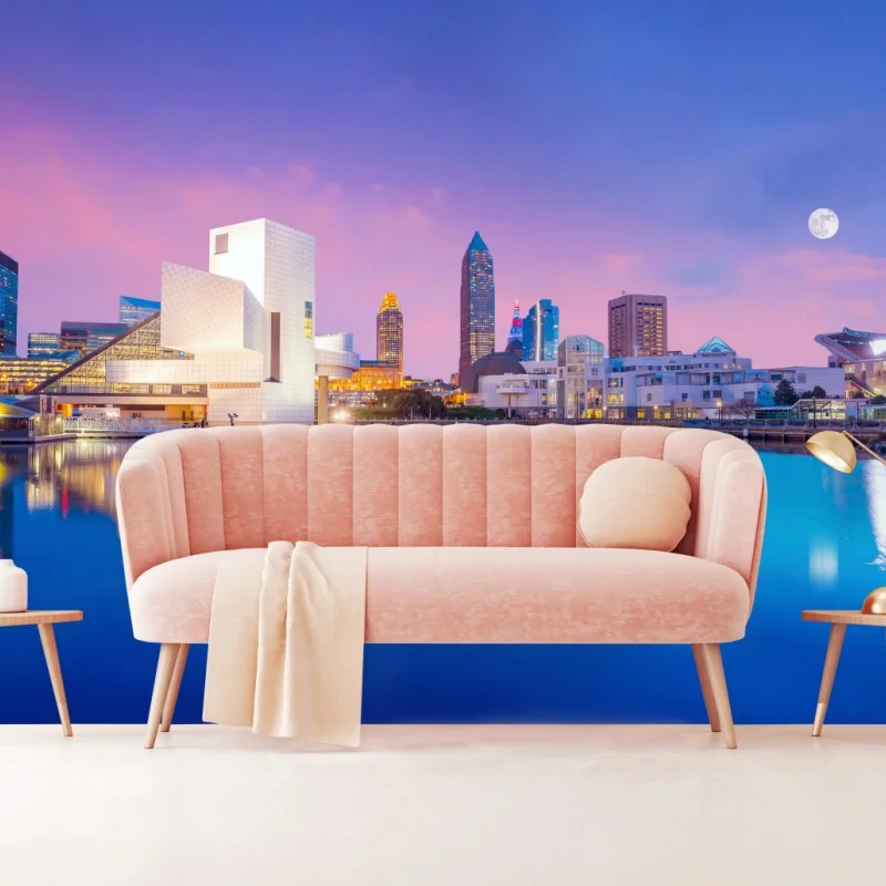 Fotomural amanecer sobre Cleveland: horizonte desde la orilla del lago