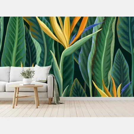Fotomural mural botánico de hojas y aves del paraíso – Pixers®