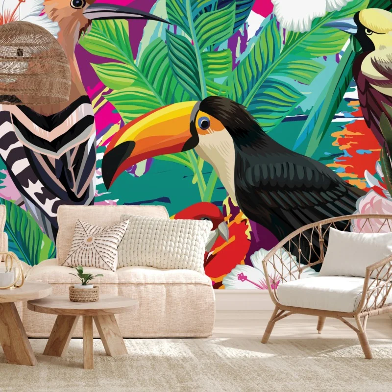 Fotomural selva de aves tropicales en colores vivos
