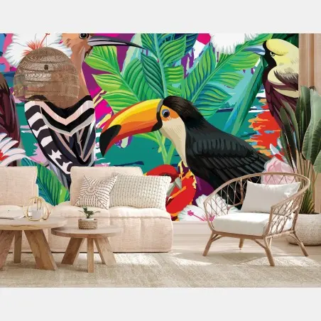 Fotomural selva de aves tropicales en colores vivos – Pixers®