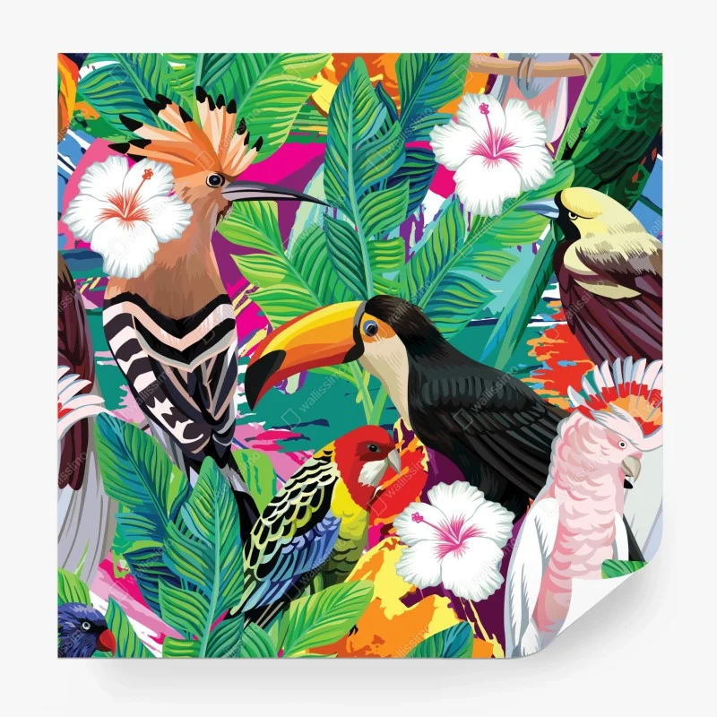 Fotomural selva de aves tropicales en colores vivos