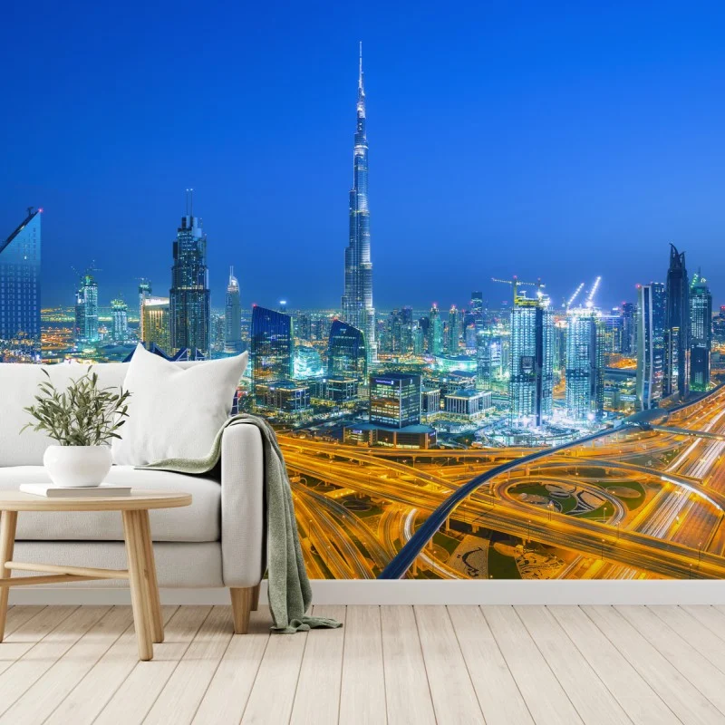 Fotomural vibrante horizonte nocturno de Dubai