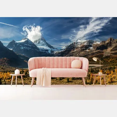 Fotomural panorama montañoso otoñal con lago reflejante – Pixers®