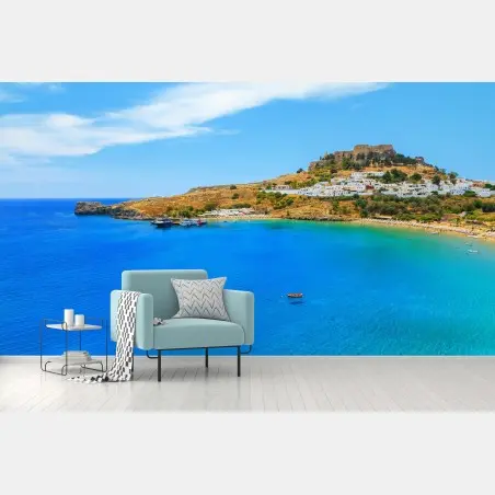 Fotomural pueblo blanco junto a bahía azul – Pixers®