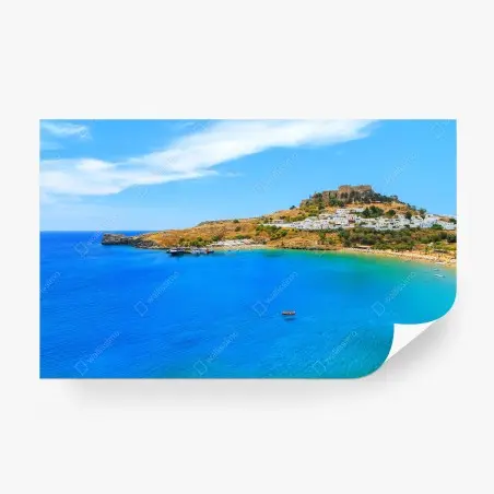 Fotomural pueblo blanco junto a bahía azul – Pixers®