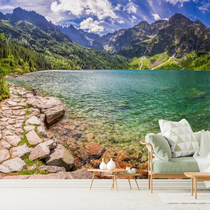 Fotomural panorámica serena del lago Morskie Oko en Tatras