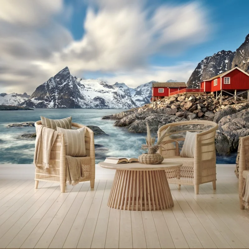 Fotomural refugio rojo en la costa de montañas nevadas