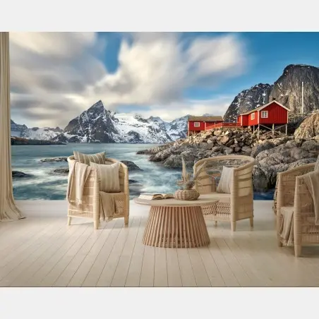 Fotomural refugio rojo en la costa de montañas nevadas – Pixers®
