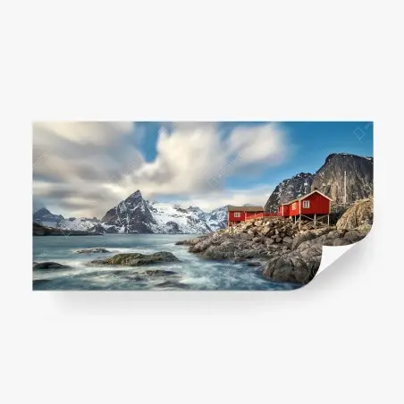 Fotomural refugio rojo en la costa de montañas nevadas – Pixers®