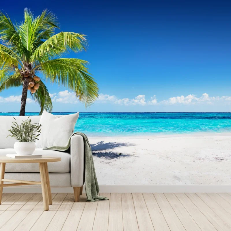 Fotomural playa tropical con palmera y mar turquesa