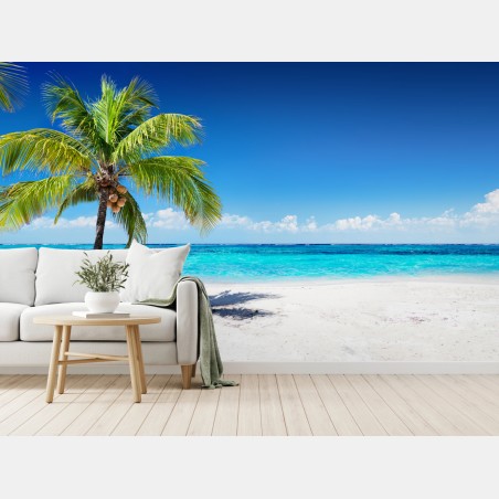 Fotomural playa tropical con palmera y mar turquesa – Pixers®