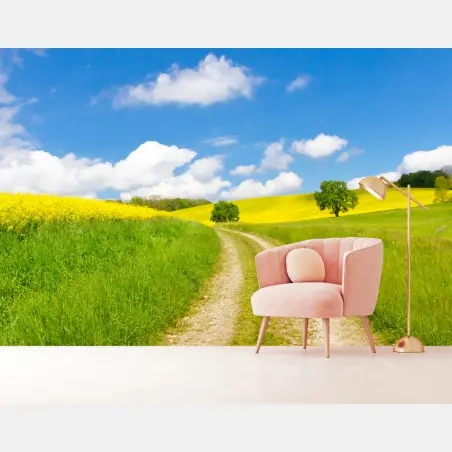 Fotomural camino entre prados amarillos y cielo azul – Pixers®