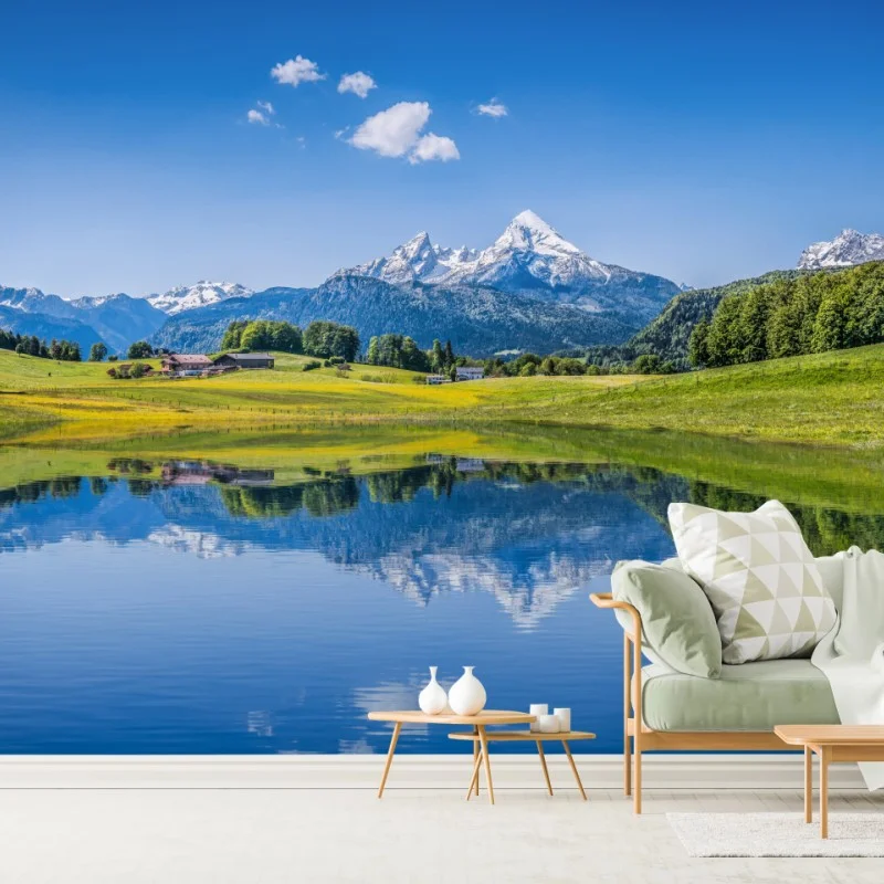 Fotomural paisaje alpino con lago y reflejo