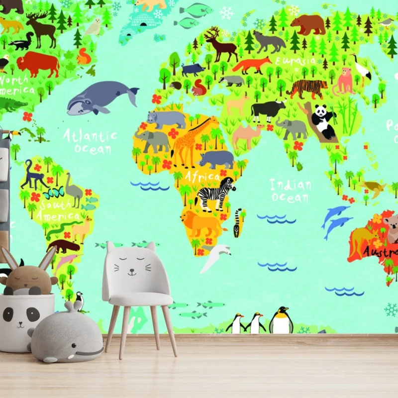 Fotomural mapa del mundo con animales para decoración infantil