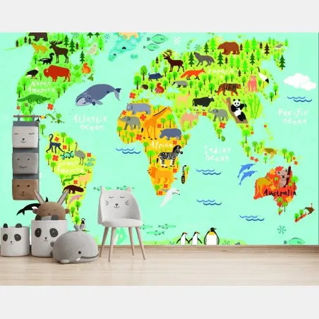 Fotomural mapa del mundo con animales para decoración infantil – Pixers®