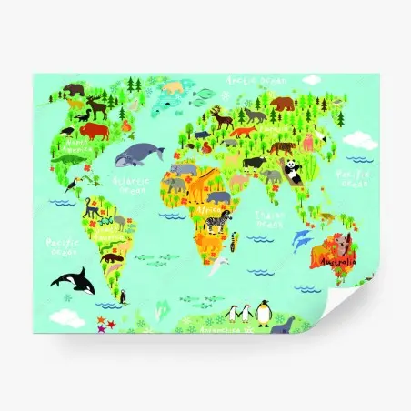 Fotomural mapa del mundo con animales para decoración infantil – Pixers®