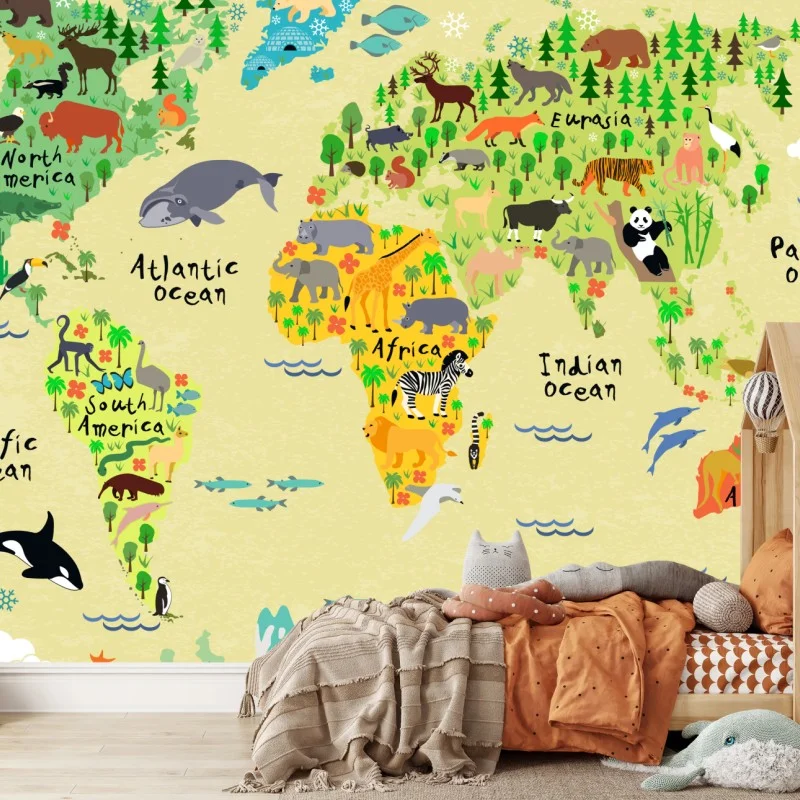 Fotomural mapa del mundo con animales ilustrados