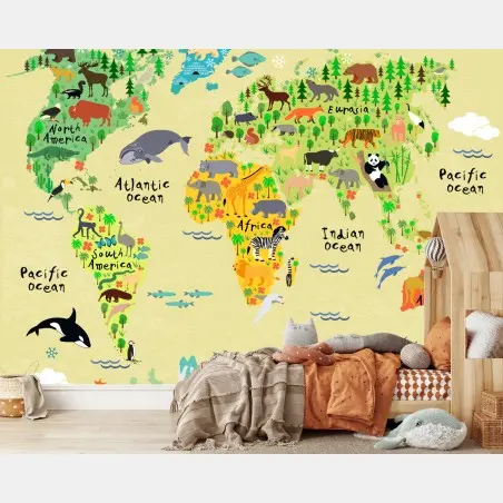 Fotomural mapa del mundo con animales ilustrados – Pixers®