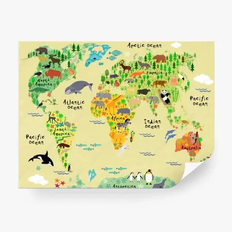 Fotomural mapa del mundo con animales ilustrados – Pixers®