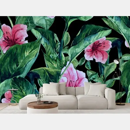 Fotomural jardín tropical en acuarela sobre fondo negro – Pixers®