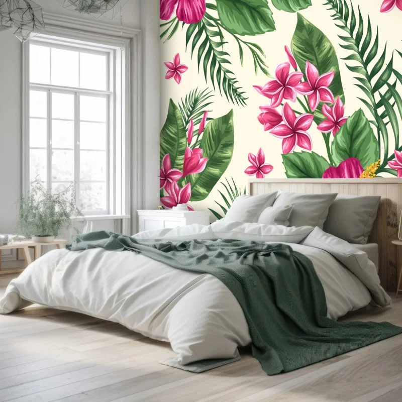 Fotomural estampado tropical de hibiscos y plumerias
