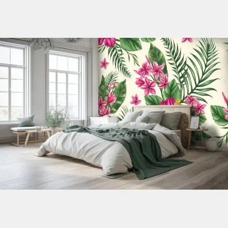 Fotomural estampado tropical de hibiscos y plumerias – Pixers®