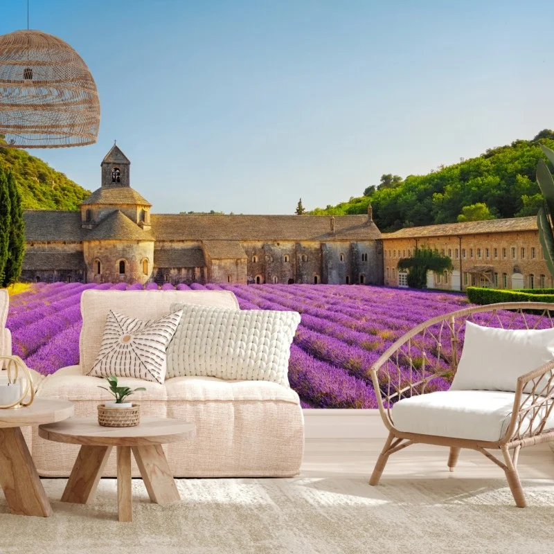Fotomural amanecer en la Abadía de Sénanque con campos de lavanda