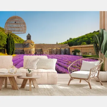 Fotomural amanecer en la Abadía de Sénanque con campos de lavanda – Pixers®