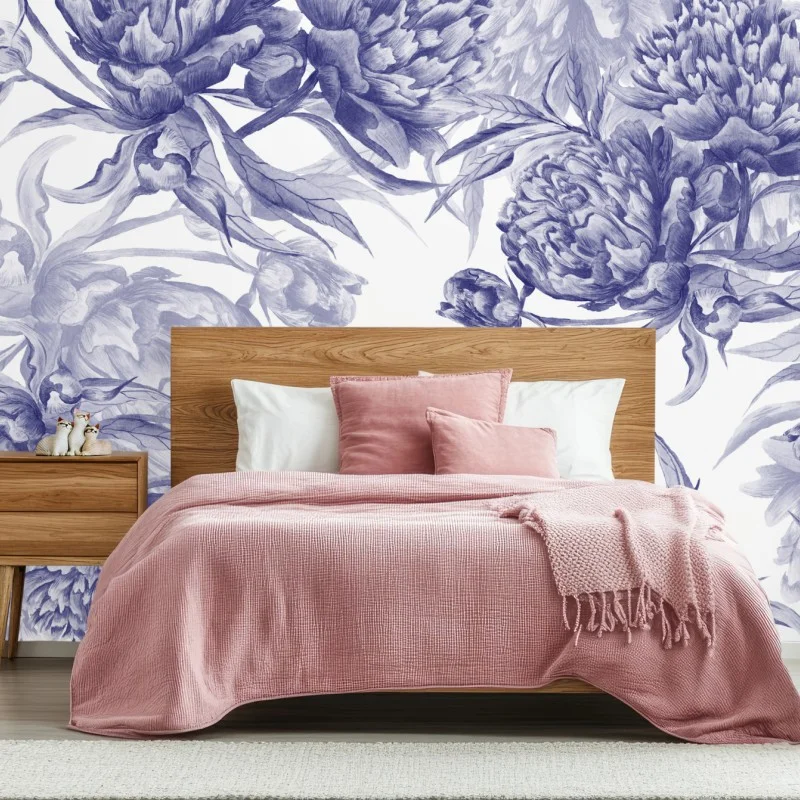 Fotomural estampado de peonías en tinta azul