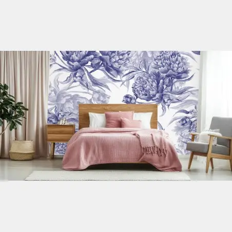 Fotomural estampado de peonías en tinta azul – Pixers®