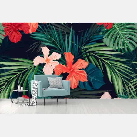 Fotomural estampado tropical de hibiscos y hojas – Pixers®