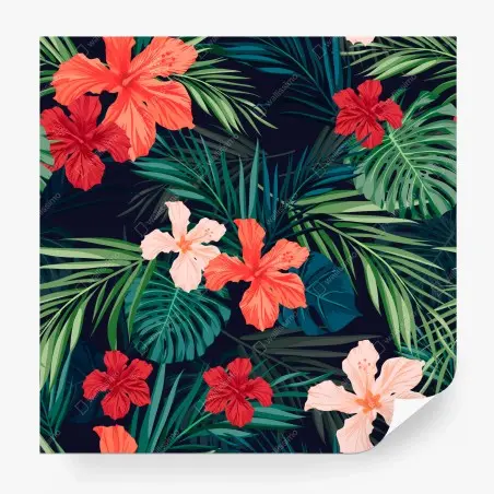 Fotomural estampado tropical de hibiscos y hojas – Pixers®