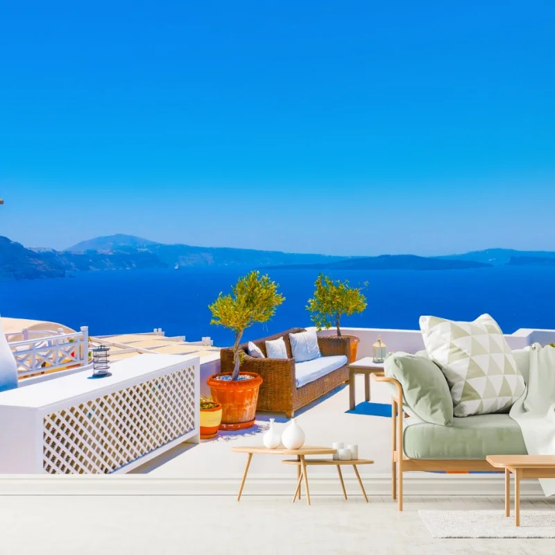 Fotomural terraza blanca con vistas al mar en Oia, Santorini