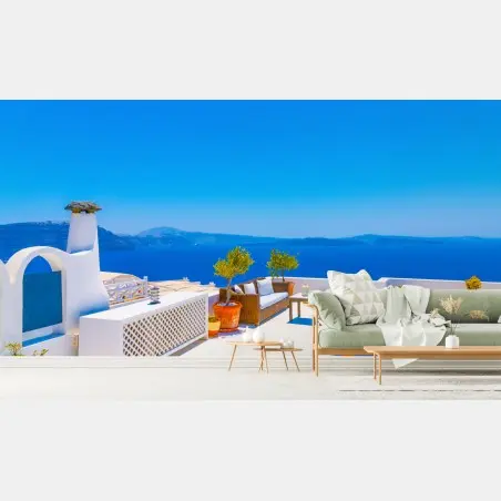 Fotomural terraza blanca con vistas al mar en Oia, Santorini – Pixers®