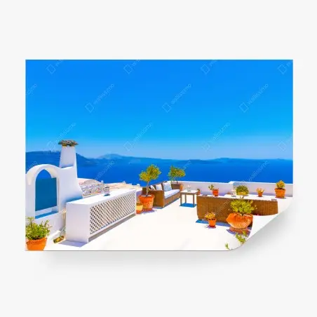 Fotomural terraza blanca con vistas al mar en Oia, Santorini – Pixers®