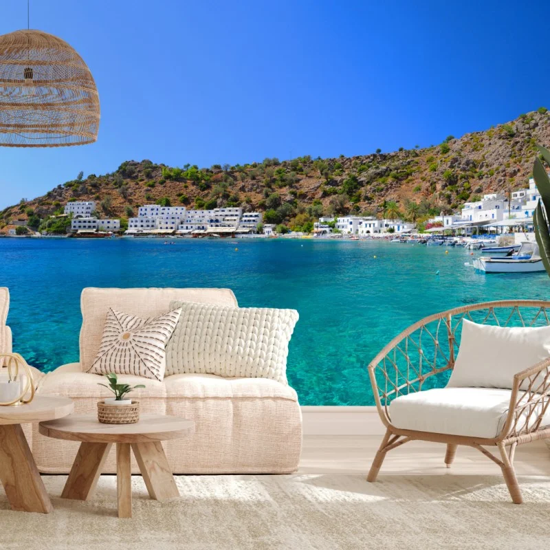 Fotomural bahía de aguas turquesas y casas blancas