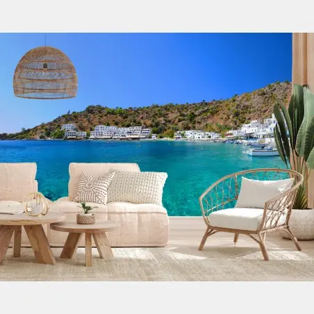 Fotomural bahía de aguas turquesas y casas blancas – Pixers®