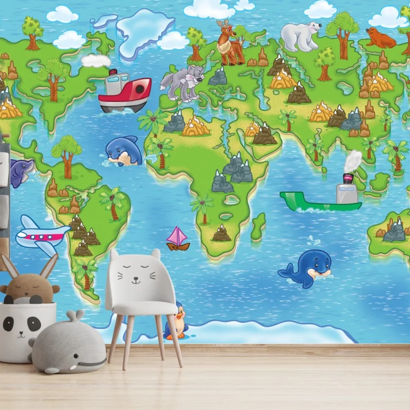 Fotomural mapa del mundo infantil ilustrado con animales y mar