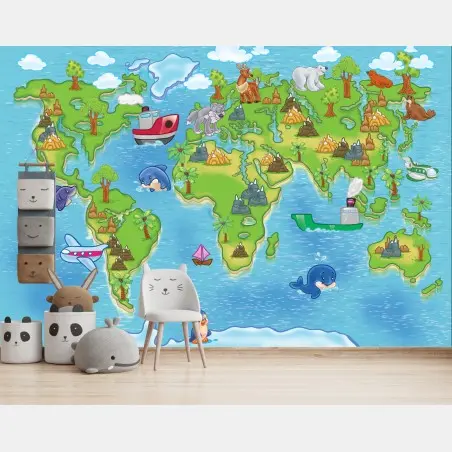 Fotomural mapa del mundo infantil ilustrado con animales y mar – Pixers®