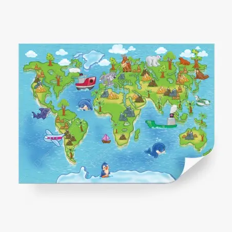 Fotomural mapa del mundo infantil ilustrado con animales y mar – Pixers®
