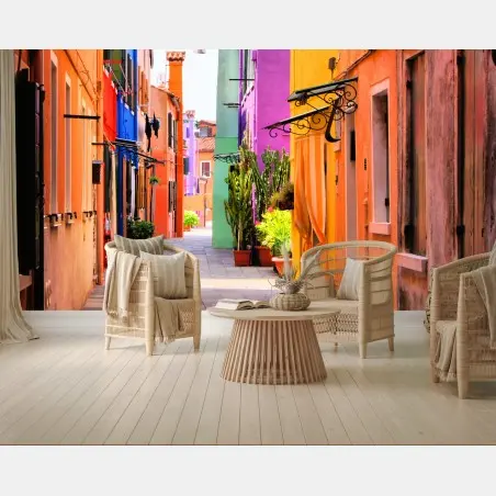 Fotomural callejón de fachadas coloridas – Pixers®